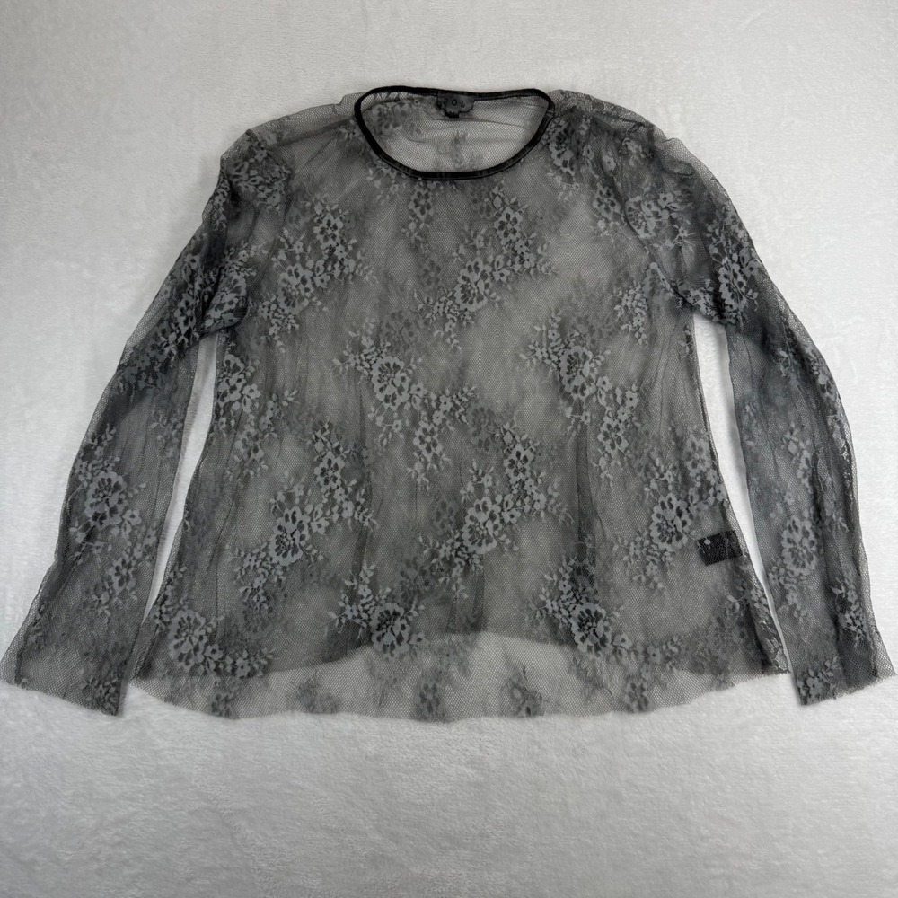 POL Womens Gray Floral Sheer Lace Mesh Long Sleeve Top JFT676 Size Medium
